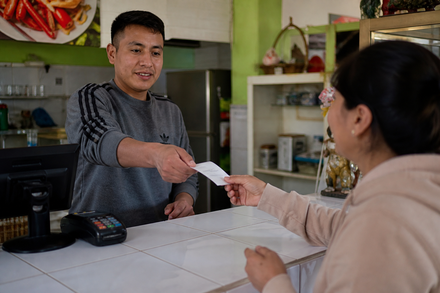 Atención en mostrador entregando un comprobante al cliente