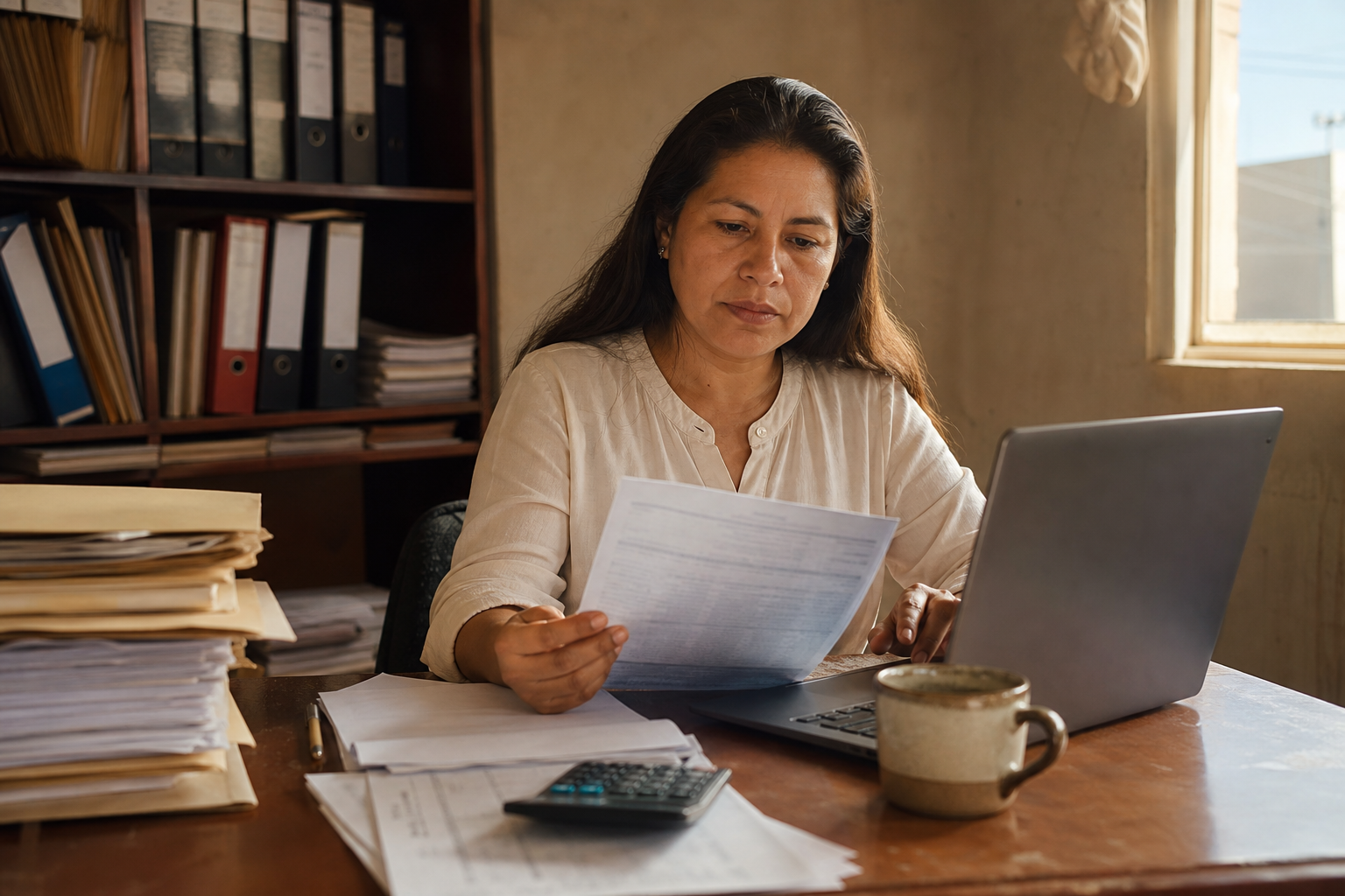 Contadora revisando comprobantes en su escritorio